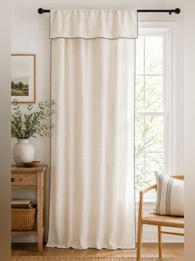 H&M Home Linen Cotton Curtain Panel Ivory Black Piping Valance 47x98